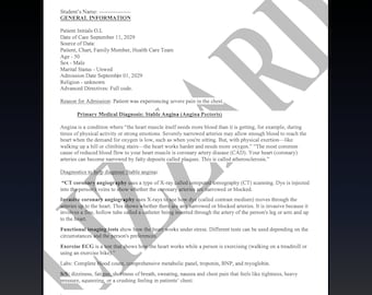 May include: A medical document outlining the diagnosis of Stable Angina (Angina Pectoris). The document includes information about the condition, diagnostic tests, and symptoms.