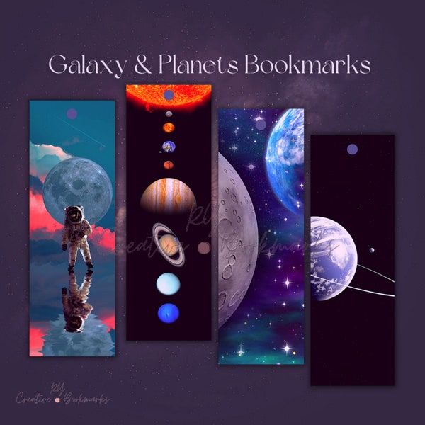 Set of 4 Digital Download Bookmarks of galaxy and planets• Unique bookmarks