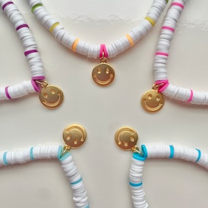 Gold happy face heishi bead charm necklace | Smile necklace