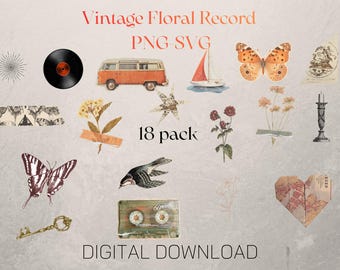 Paquete de imágenes prediseñadas de discos florales vintage, discos botánicos PNG SVG (descarga digital)