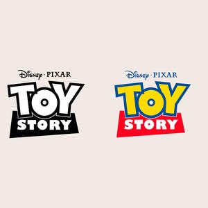 May include: The image features two versions of the "Toy Story" logo. One is in black and white, the other in color. The color version has a yellow "TOY" with blue outlines, and a red "STORY" on a red background. The Disney Pixar logo is above.