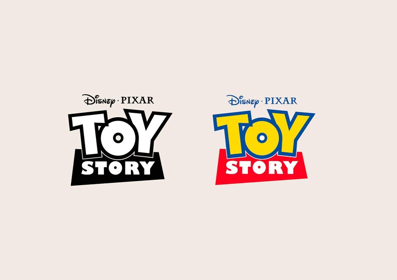 May include: The image features two versions of the "Toy Story" logo. One is in black and white, the other in color. The color version has a yellow "TOY" with blue outlines, and a red "STORY" on a red background. The Disney Pixar logo is above.