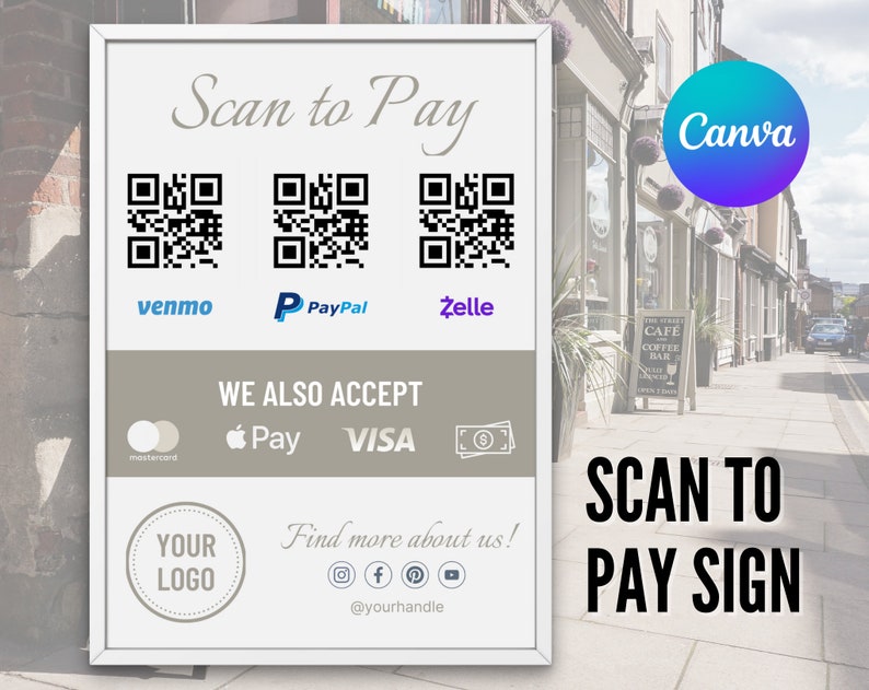 Small Business Payment Sign Template Scan to Pay, QR Code, Venmo Pay
