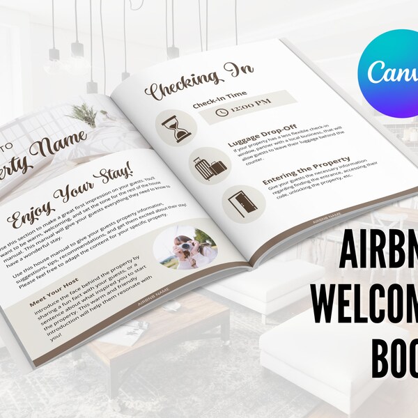 Airbnb Welcome Book Template, Guide | House Rules, Wifi Sign, Check In, VRBO, Vacation Rental | Host, Superhost | Canva