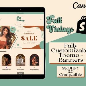 Fall | Boho | Vintage inspired Shopify Theme + Canva Website Template with Editable Banners, Editable Logo, and Editable Promo images.