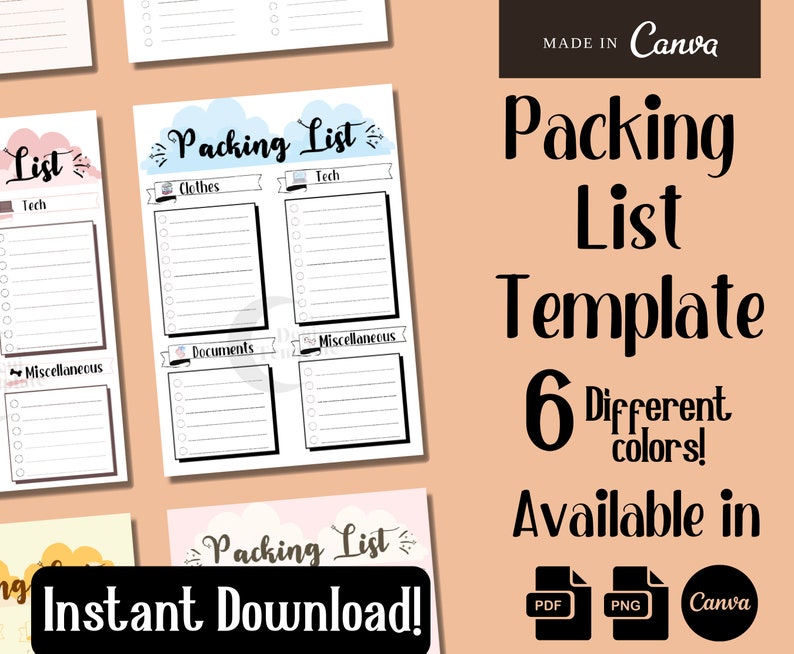 Packing List Template Travel Packing EDITABLE PRINTABLE Packing List