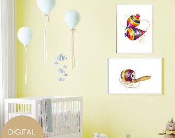 2 Beautiful Children's Printable Wall Paintings, Traditional Wooden Toy, Mexican Trompo, Balero