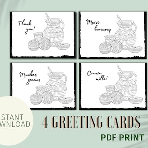May include: Four greeting cards with black and white line drawings of a pitcher, fruit, and text. The cards say "Thank you!", "Merci beaucoup", "Muchas gracias", and "Grazie mille!". The words "Instant Download" and "PDF Print" are also visible.