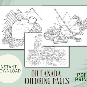May include: Black and white coloring pages featuring Canadian themes. Images include a groundhog, hockey equipment, and maple syrup. Text reads "OH CANADA COLORING PAGES" and "INSTANT DOWNLOAD".