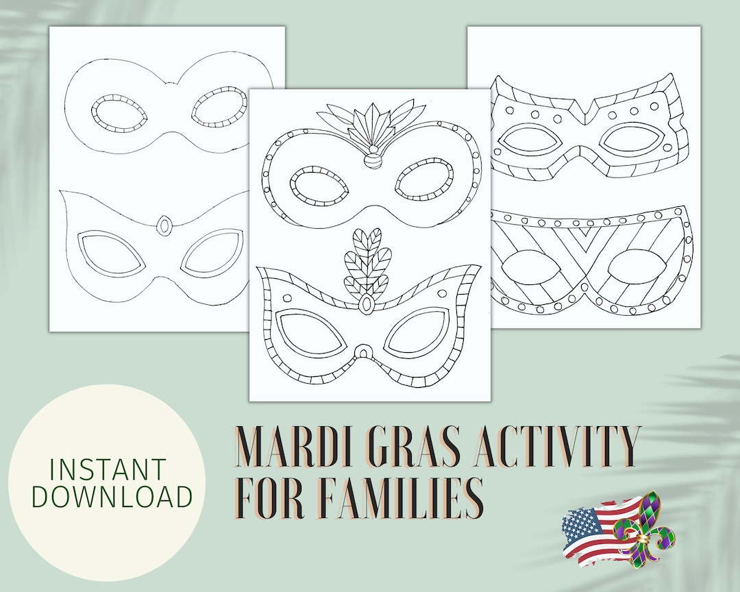 Mardi Gras Coloring Activity for Kids, Mask Colouring Pages, Carnaval, Printable