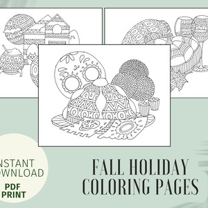 Può includere: Illustrazioni in bianco e nero di temi festivi autunnali, tra cui uova decorate, un teschio di zucchero e calici di vino. È visibile anche il testo "INSTANT DOWNLOAD PDF PRINT" e "FALL HOLIDAY COLORING PAGES".
