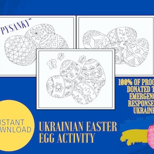 Peut inclure: Une page à colorier imprimable représentant des œufs de Pâques ukrainiens, également appelés pysanky, avec des motifs complexes. Le texte "100% des recettes reversées à la réponse d'urgence en Ukraine" est inclus.