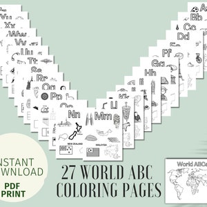 COUNTRY ABC Coloring Pages, Welt Malbuch, Alphabet Malaktivitäten, lesen lernen Printables für Kinder