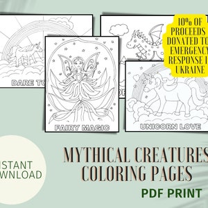Whimsical Creatures Coloring Pages for Children, Unicorns, Fairy, Dragon
