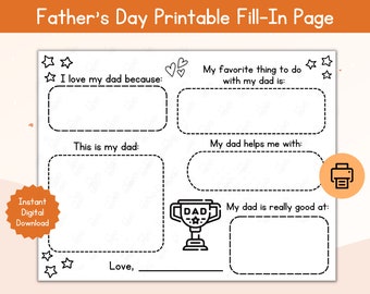 Father's Day Fill-In Page / Printable Father's Day Fill In Page / All About Dad Card with Messages / Gift for Dad from Kids