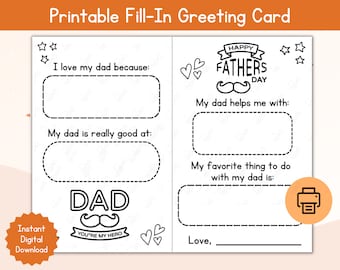 Father's Day Card / Printable Father's Day Coloring Greeting Card / All About Dad Card with Messages / Gift for Dad from Kids