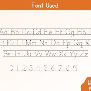 Puede incluir: Un gr&aacute;fico de alfabeto y n&uacute;meros con l&iacute;neas punteadas para practicar la escritura. El gr&aacute;fico incluye letras may&uacute;sculas y min&uacute;sculas y los n&uacute;meros del 0 al 9. El gr&aacute;fico est&aacute; sobre un fondo blanco con un borde naranja claro.