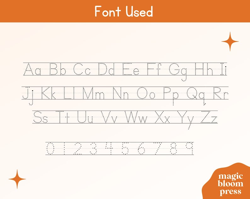 Puede incluir: Un gr&aacute;fico de alfabeto y n&uacute;meros con l&iacute;neas punteadas para practicar la escritura. El gr&aacute;fico incluye letras may&uacute;sculas y min&uacute;sculas y los n&uacute;meros del 0 al 9. El gr&aacute;fico est&aacute; sobre un fondo blanco con un borde naranja claro.
