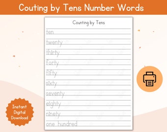 Count by Tens Worksheet / Counting by Tens Spelling Numbers / Count by Tens Word Form /  Handwriting / Number Tracing / Tracing Printable