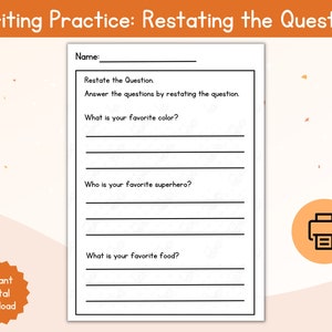 Restating the Question Writing Practice / Writing Sentences for Beginners / Handwriting Practice Paper / Writing Practice Worksheet