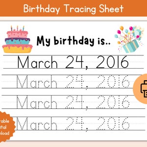 Birthday Tracing Custom Worksheet / Personalized Birthdate Tracing Name Worksheet / Date of Birth Tracing Printable /My Birthday Is Tracing