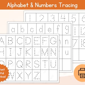 May include: Three printable worksheets for tracing the alphabet and numbers. The worksheets are black and white and have dotted lines for tracing. The top worksheet has numbers 1-6, the middle worksheet has letters a-g and numbers 7-9, and the bottom worksheet has letters A-Z.