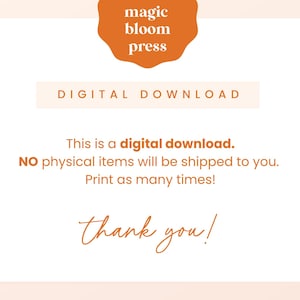 Puede incluir: Un aviso de descarga digital con el texto "magic bloom press" en un c&iacute;rculo en la parte superior, "DIGITAL DOWNLOAD" en un rect&aacute;ngulo en el medio y "This is a digital download. NO physical items will be shipped to you. Print as many times! thank you!" en la parte inferior.