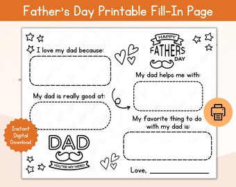 Father's Day Fill-In Card / Printable Father's Day Fill In Page / All About Dad Card with Messages / Gift for Dad from Kids