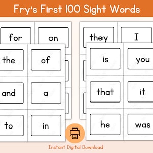 Tarjetas flash de 100 palabras de primera vista de Fry / Primeras tarjetas flash de 100 palabras de vista imprimibles / Palabras de vista de jardín de infantes / Palabras de vista de 1er grado