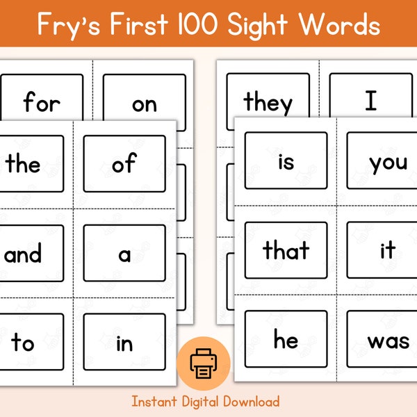 Fry's 100 First Sight Words Flash Cards / Printable First 100 Sight Words Flash Cards / Kindergarten Sight Words / 1st Grade Sight Words