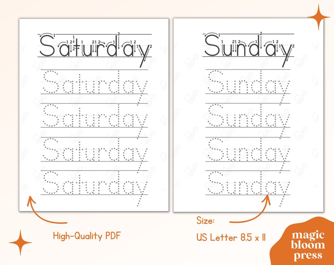 Days of the Week Tracing Worksheets / Tracing Printable for Etsy