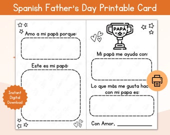 Spanish Father's Day Card / Día del Padre Printable Father's Day Coloring Greeting Card / All About Dad Card with Messages Spanish