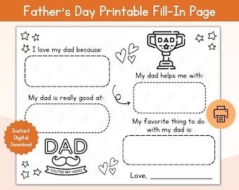 Father's Day Fill-In Card / Printable Father's Day Fill In Page / All About Dad Card with Messages / Gift for Dad from Kids