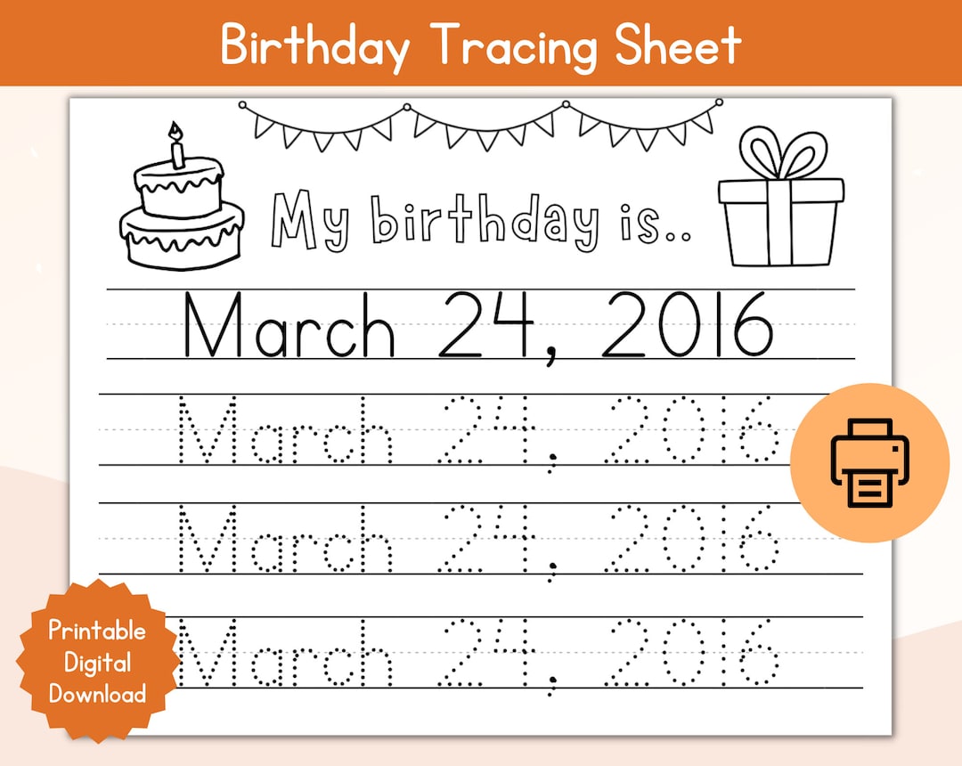 Birthday Tracing Custom Worksheet / Personalized Birthdate Tracing Name