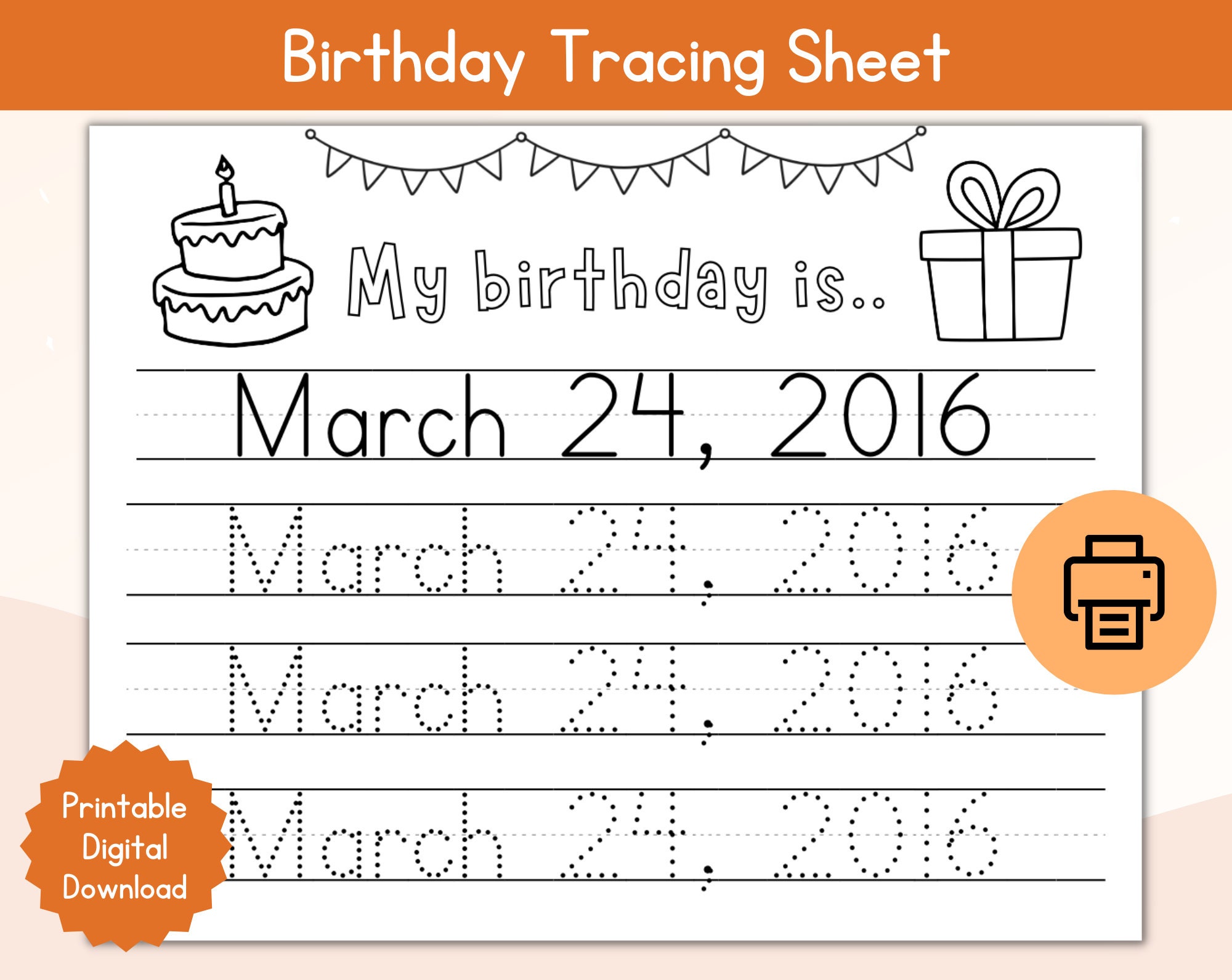 Birthday Tracing Custom Worksheet / Personalized Birthdate Tracing Name