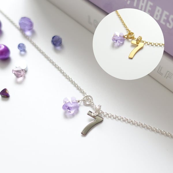 BTS inspired necklace number 7 & purple bead customizable | Silver and Gold