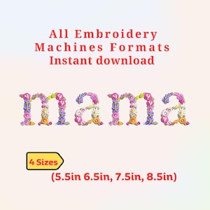 Diseños de bordado para mamá, diseño de bordado de letras florales para mamá, letras florales únicas que forman la palabra "mamá", bordado de letras florales para mamás