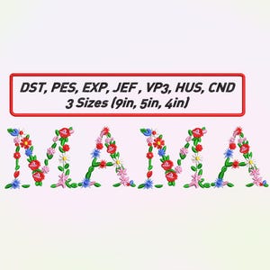 Diseños de bordado "MAMÁ", diseño de bordado "MAMÁ" con letras florales, letras florales únicas que forman la palabra "MAMÁ", bordado de letras florales para mamás.