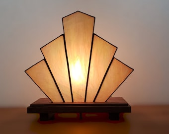 Handcrafted Art Deco Inspired Stained Glass Fan Lamp with Walnut Stand / 1920s Style / Art Nouveau / Warm Neutrals