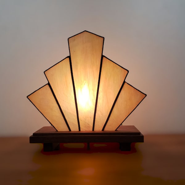 Handcrafted Art Deco Inspired Stained Glass Fan Lamp with Walnut Stand / 1920s Style / Art Nouveau / Warm Neutrals
