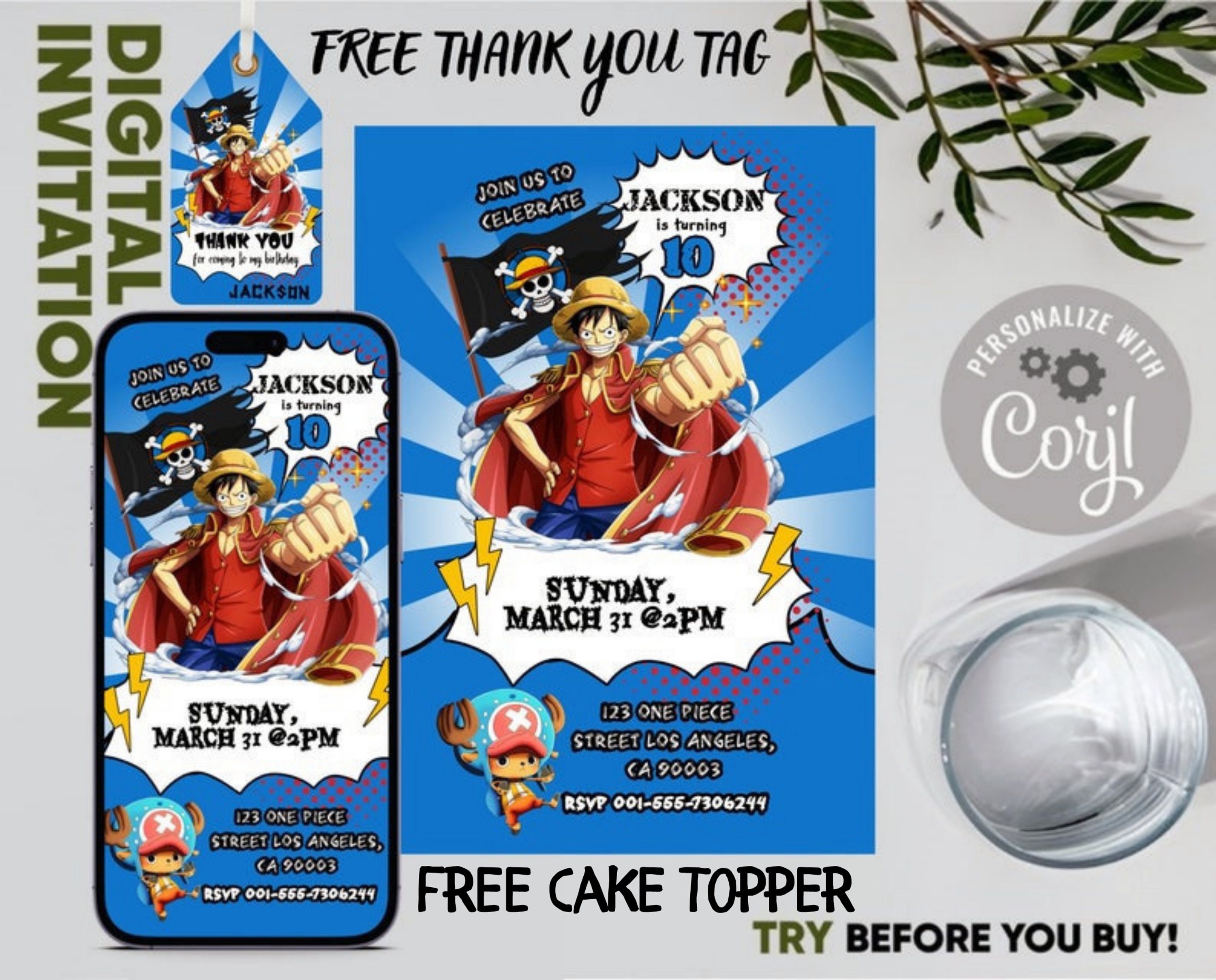 One Anime Piece Birthday Decorations，Luffy Zoro Birthday Party  Supplies-Include Birthday Banner Cake Toppers Balloons,Invitation Card,One  Piece Theme