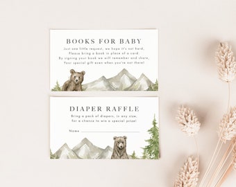 BODHI Cute Bear Cub Baby Shower Insert Cards, Adventure Diaper Raffle Ticket, Books for Baby Card, Editable Inserts, Instant Download, Corjl