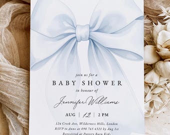 May include: A baby shower invitation featuring a large, light blue watercolor bow at the top. The invitation text reads "join us for a BABY SHOWER in honour of Jennifer Williams" with event details below. The invitation is on a white background.