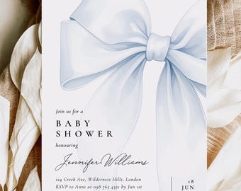 May include: Baby shower invitation featuring a large, light blue watercolor bow. The invitation includes the text "Join us for a Baby Shower" and details such as the honoree's name, date, time, and RSVP information.