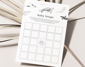 Ocean Baby Bingo, jeu de baby shower créature marine (modèle modifiable, téléchargement immédiat)