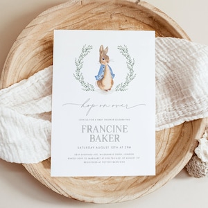 Modello di invito per baby shower PETER Rabbit, invito per baby shower minimalista e modificabile, invito stampabile per coniglietto, download istantaneo