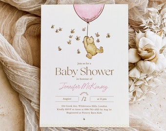 Classic Winnie the Pooh Baby Shower Invite, Classic Winnie Pooh Baby Shower Invitation, Pooh Bear Baby Shower, Pooh Pink Balloon, POOH-BS