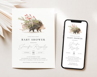 Porcupine Baby Shower Invitation and Evite, Woodland Baby Shower, Forest Digital Invite, Editable Squirrel Invite, Instant Download. HANA