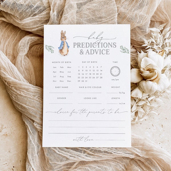 Baby Predictions and Advice Cards, Beatrix Potter Baby Shower Games, Advice for Parents, Wishes for Baby, Peter Rabbit Baby Shower, PETER