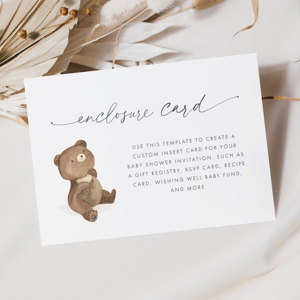 REMI Teddy Bear Enclosure Card Template, Editable Cute Bear Enclosure Card, Printable Bear Enclosure Card, Bear Note Card, Instant Download